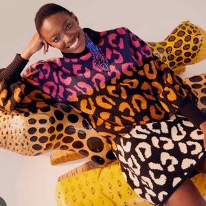 FARM RIO MULTI COLOR LONG SLEEVE HIGH NECK CHEETAH PRINT SWEATER DRESS SIZE MED